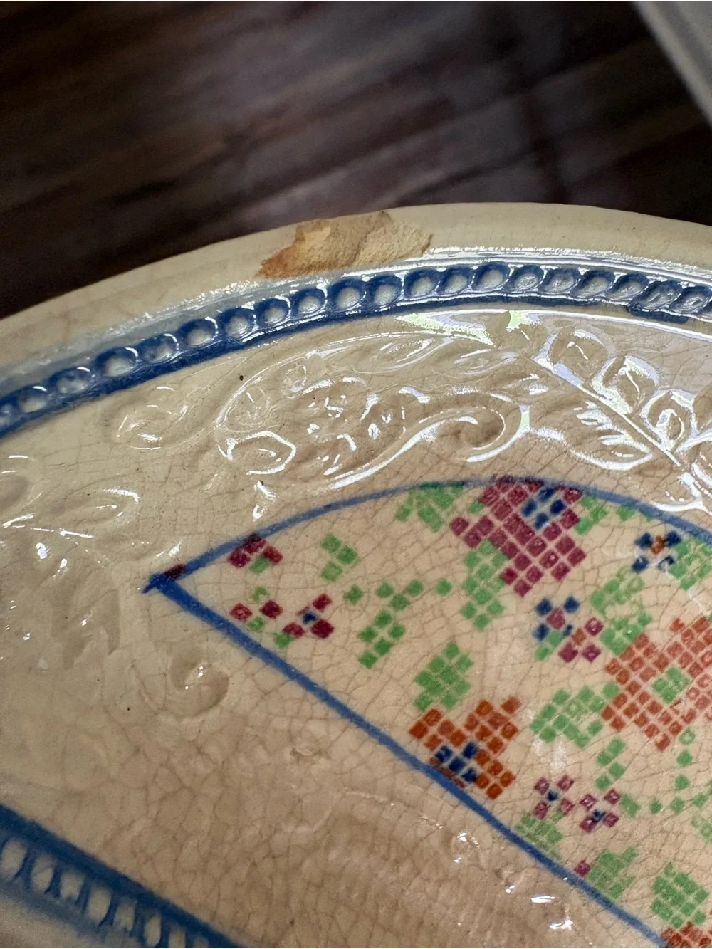 Antique Divided Serving Dish with Floral Mosaic Panels - Blue Trim